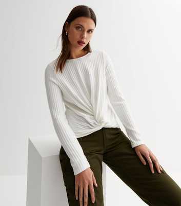 Cream Brushed Ribbed Knit Twist Front Top