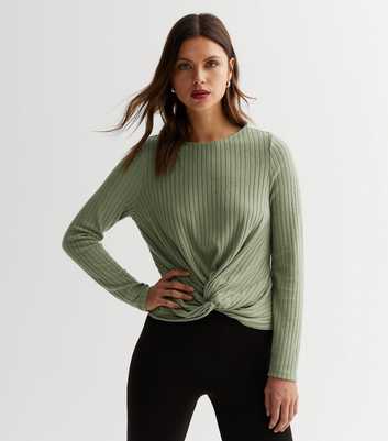 Olive Brushed Ribbed Knit Twist Front Top