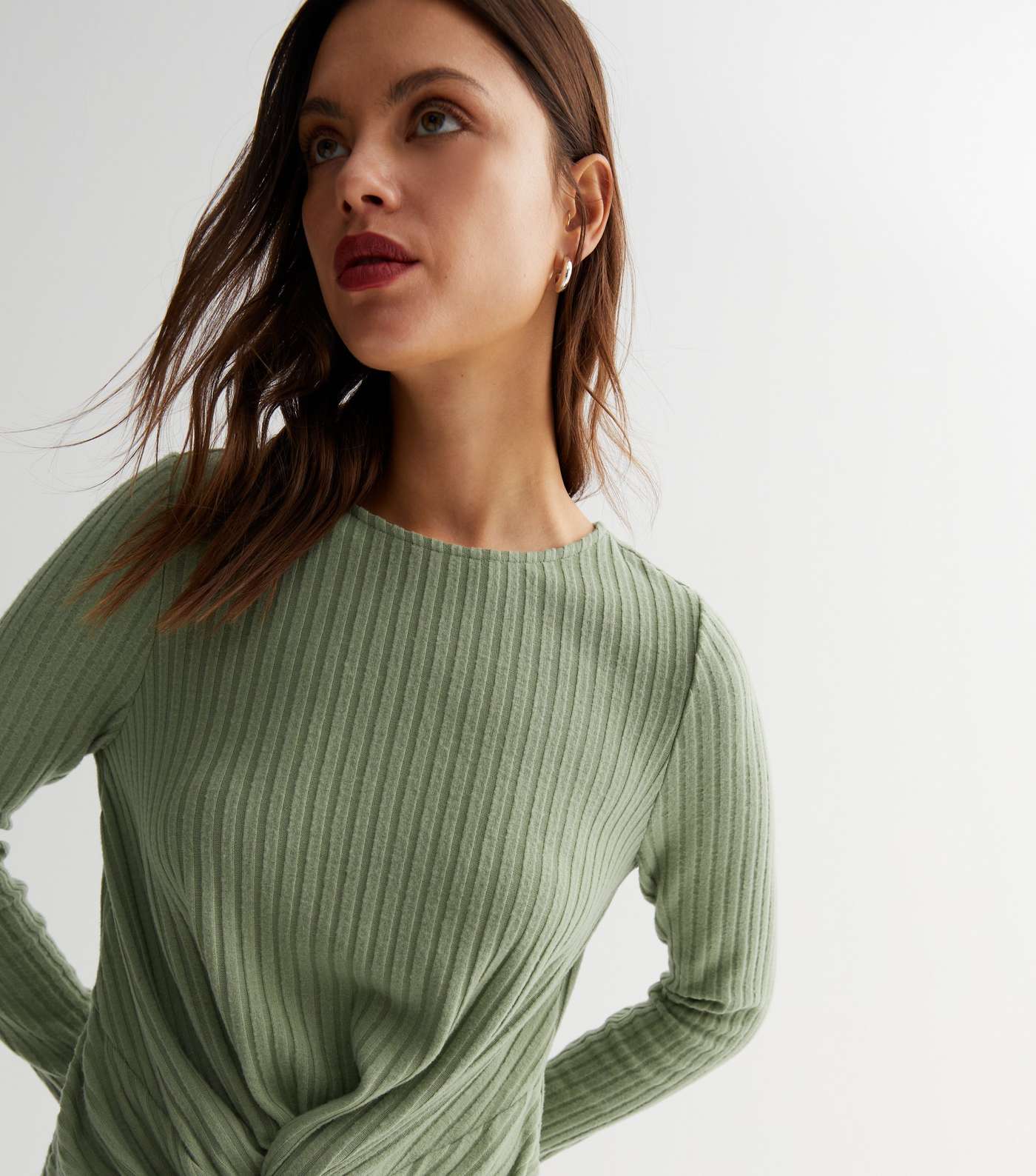 Olive Brushed Ribbed Knit Twist Front Top Image 3
