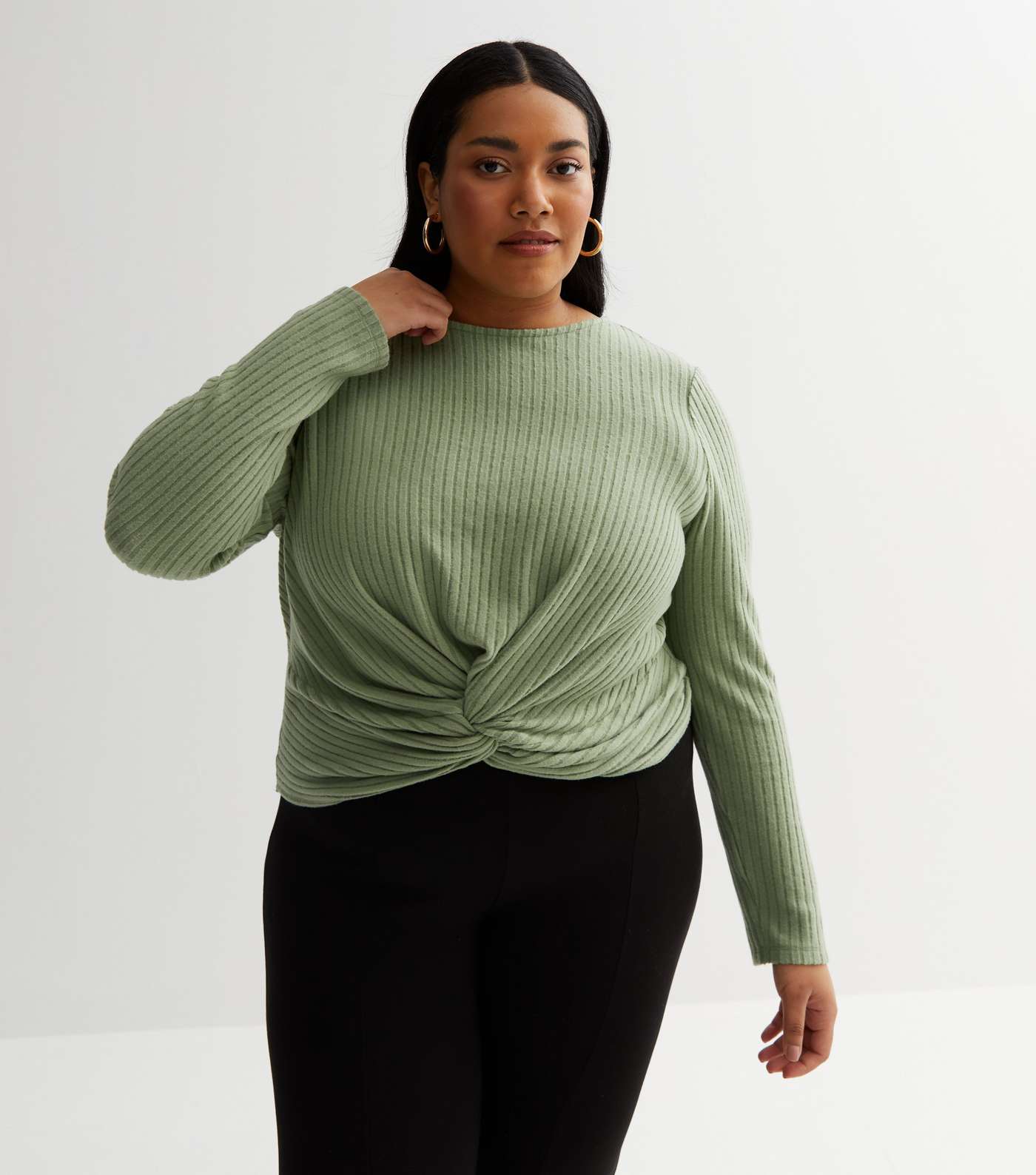 Olive Brushed Ribbed Knit Twist Front Top Image 5