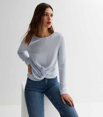 Pale Blue Brushed Ribbed Knit Twist Front Top