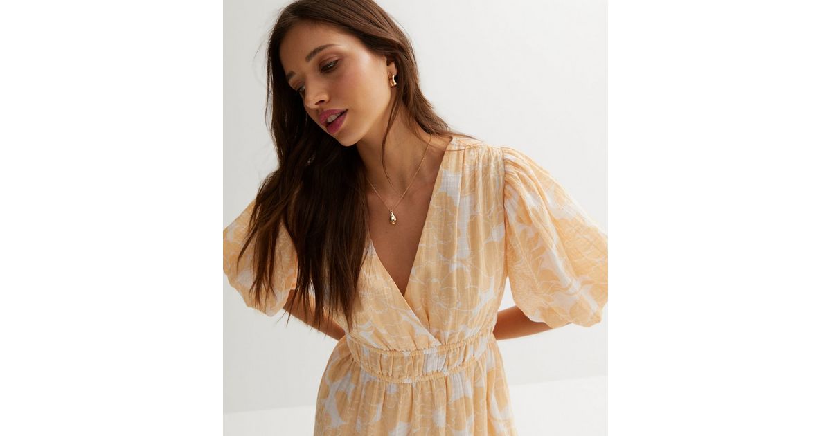 Volume Sleeve Midi Dress White Floral