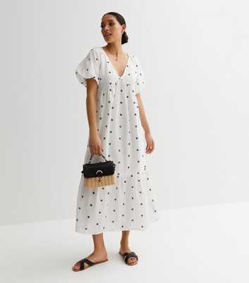White Daisy Embroidered Puff Sleeve Midi Dress