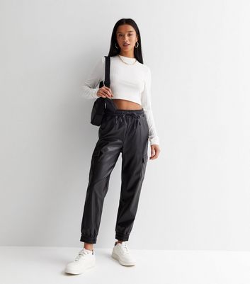 Petite leather look cuffed joggers new arrivals