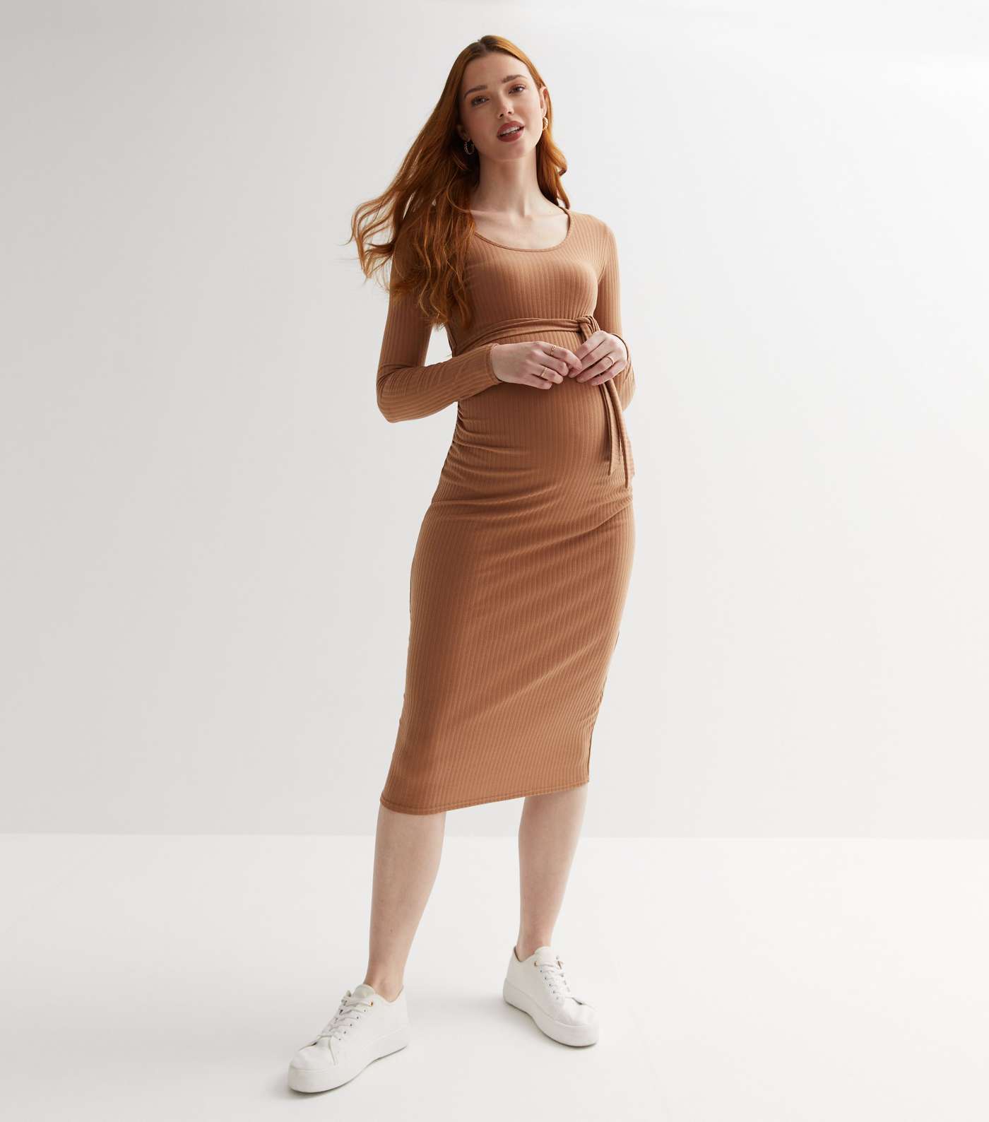 Maternity Light Brown Ribbed Scoop Neck Long Sleeve Belted Midi Dress
