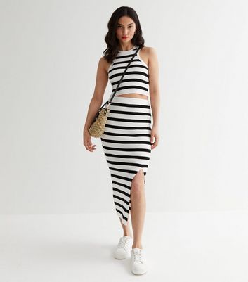Petite White Stripe Ribbed Knit Crop Racer Top New Look