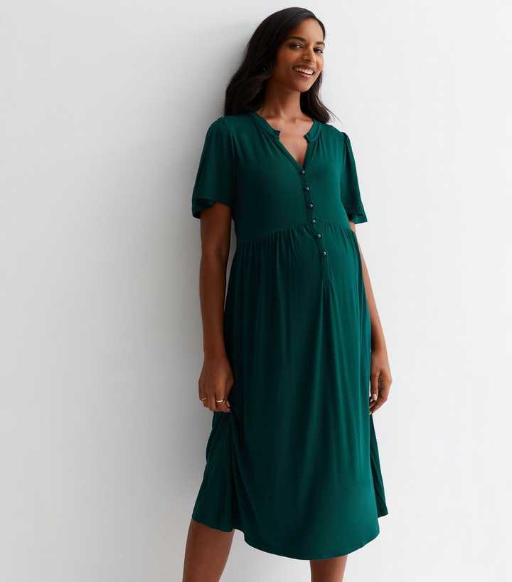 Maternity Dark Green Jersey Notch Neck Midi Nursing Dress