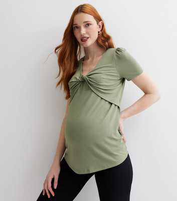Maternity Khaki Jersey V Neck Short Sleeve Twist Front Top