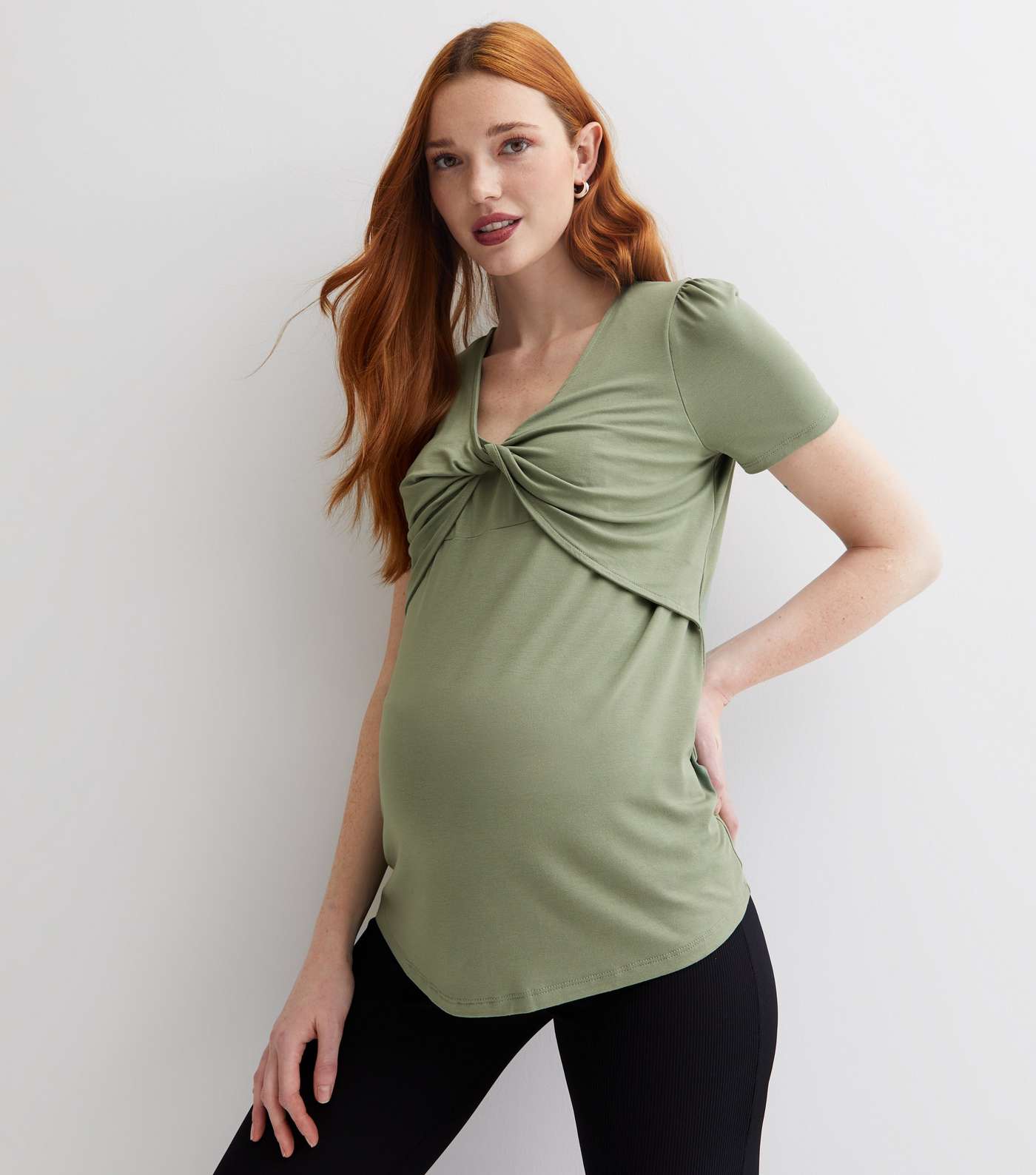 Maternity Khaki Jersey Twist Front Nursing Top