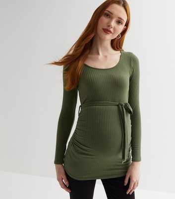 Maternity Khaki Scoop Neck Long Sleeve Belted Top