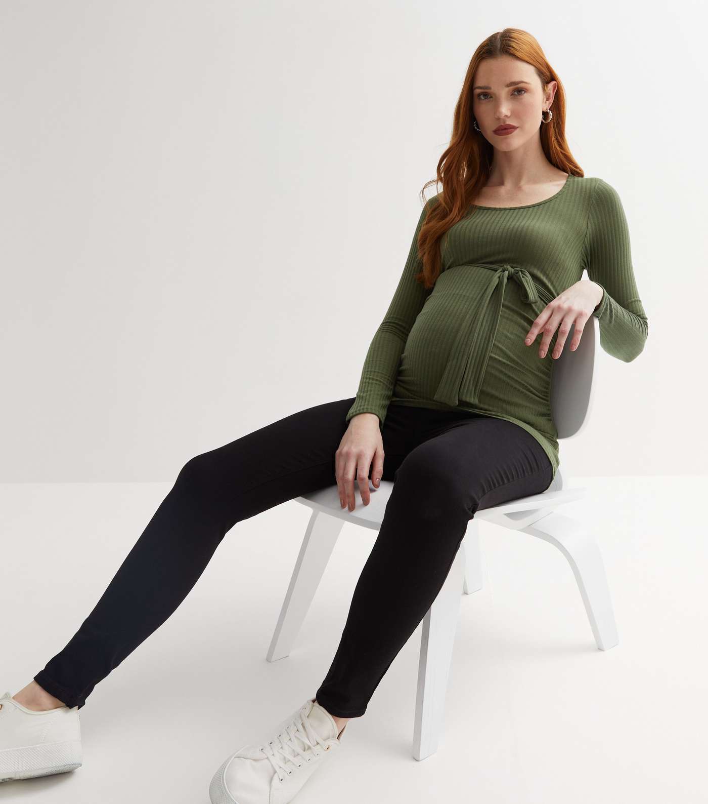 Maternity Khaki Scoop Neck Long Sleeve Belted Top Image 2