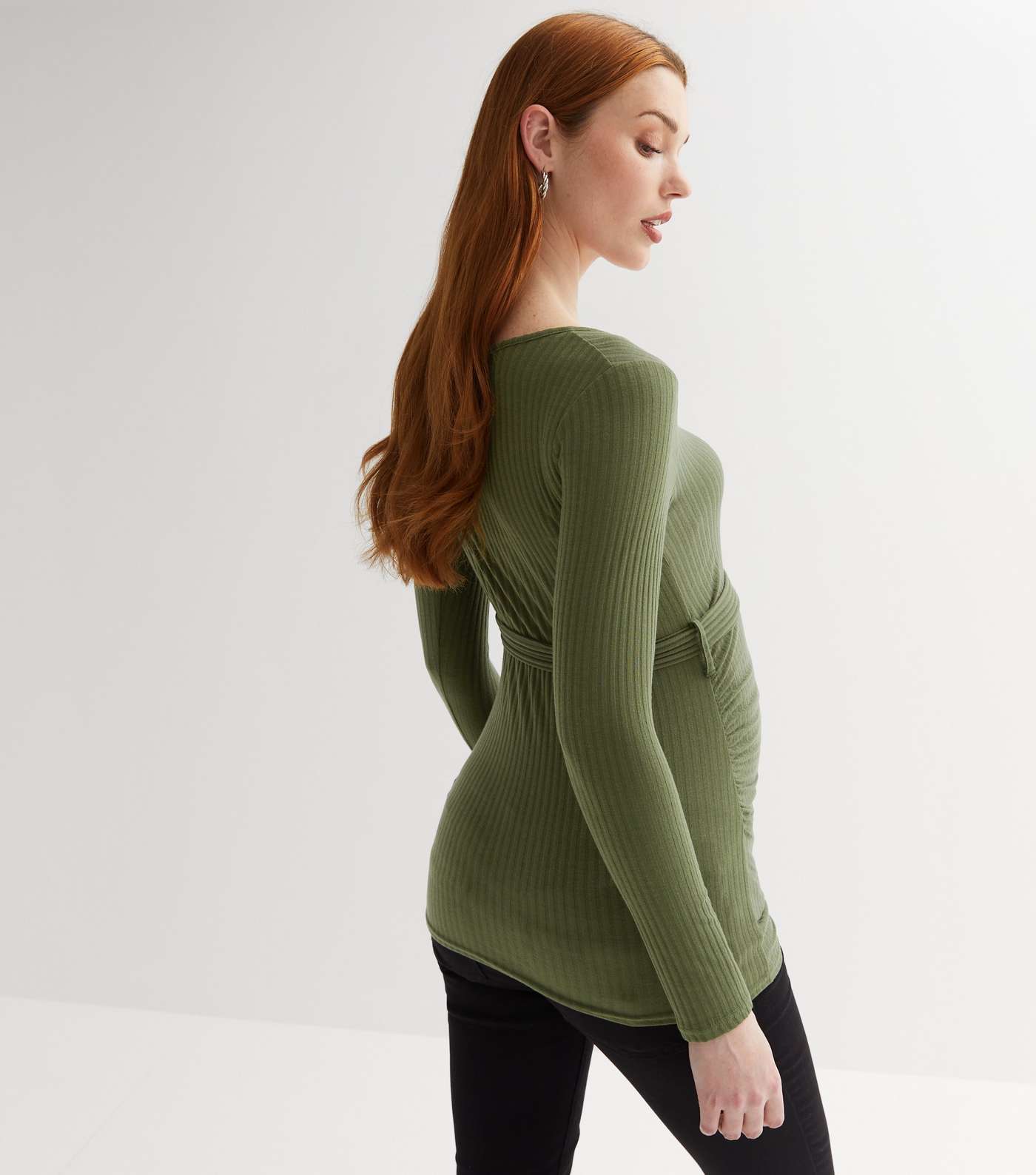 Maternity Khaki Scoop Neck Long Sleeve Belted Top Image 4