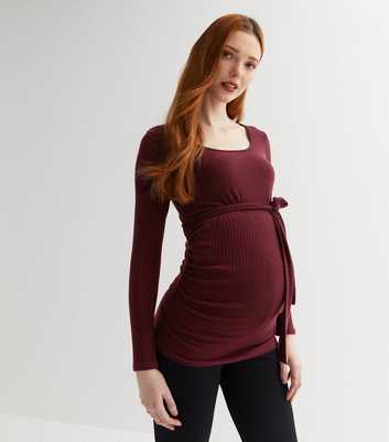 Maternity Burgundy Scoop Neck Long Sleeve Belted Top