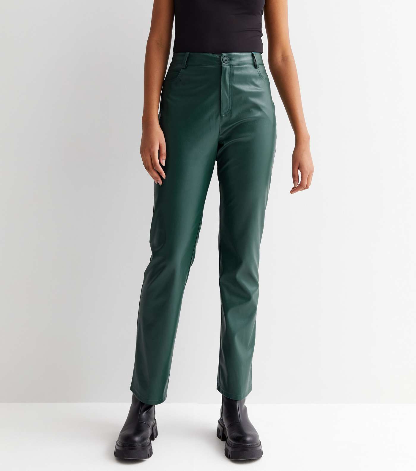 Tall Dark Green Leather-Look Trousers Image 2