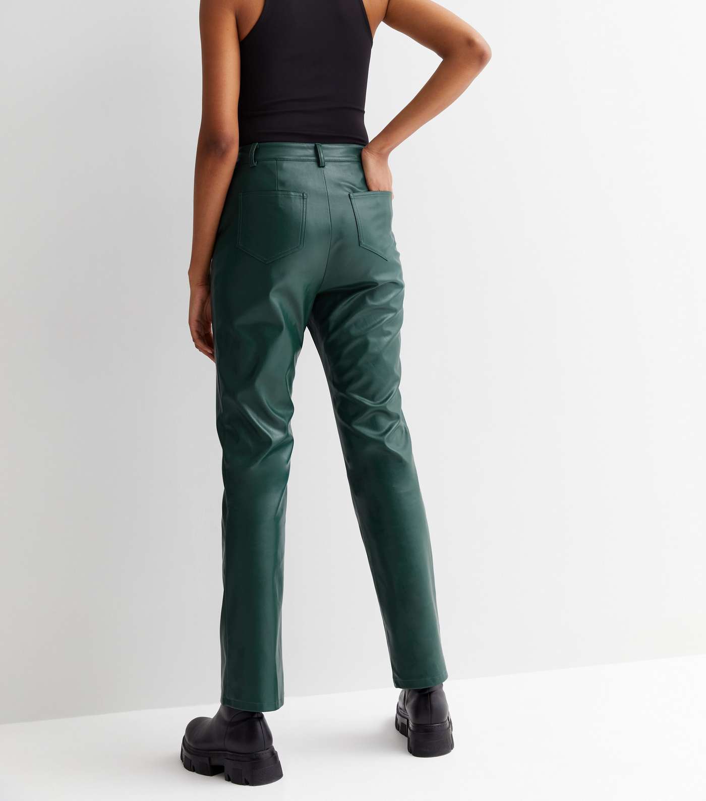 Tall Dark Green Leather-Look Trousers Image 4