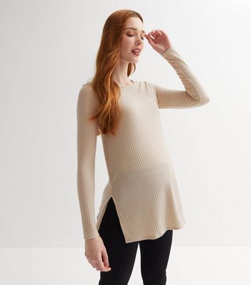 Women's Ribbed Knit Long Sleeve Maternity Top | Split Neck Casual Pregnancy Shirt
