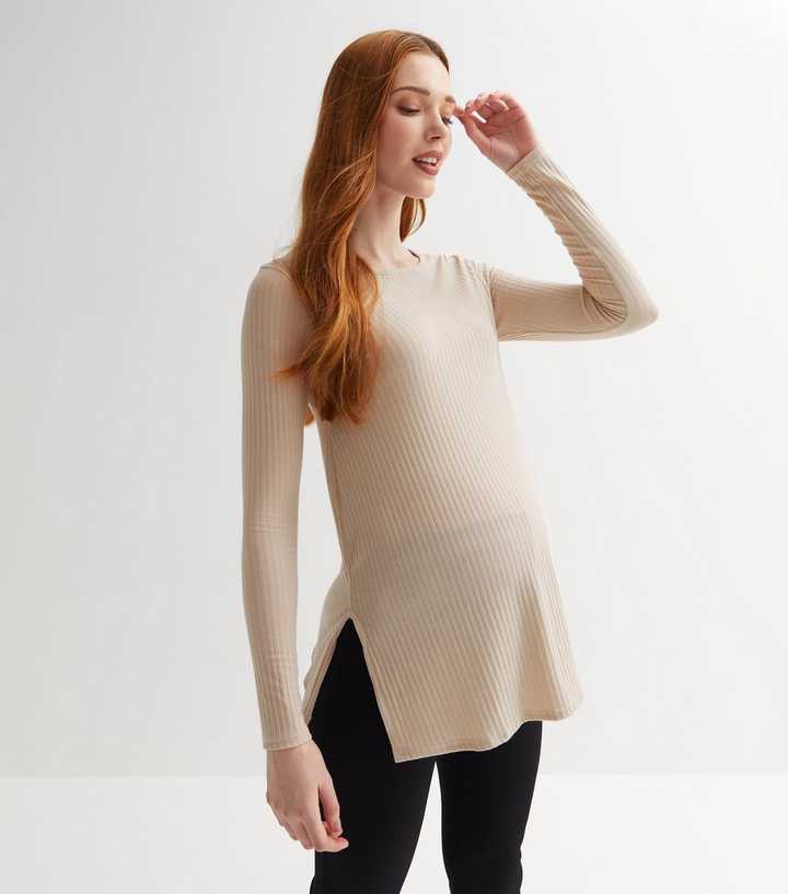 Maternity Stone Ribbed Long Sleeve Split Hem Top