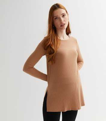 Maternity Tan Ribbed Long Sleeve Split Hem Top
