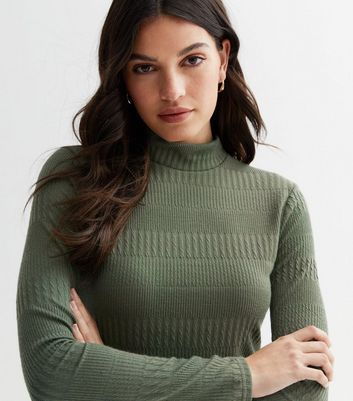 ribbed high neck long sleeve midi dress