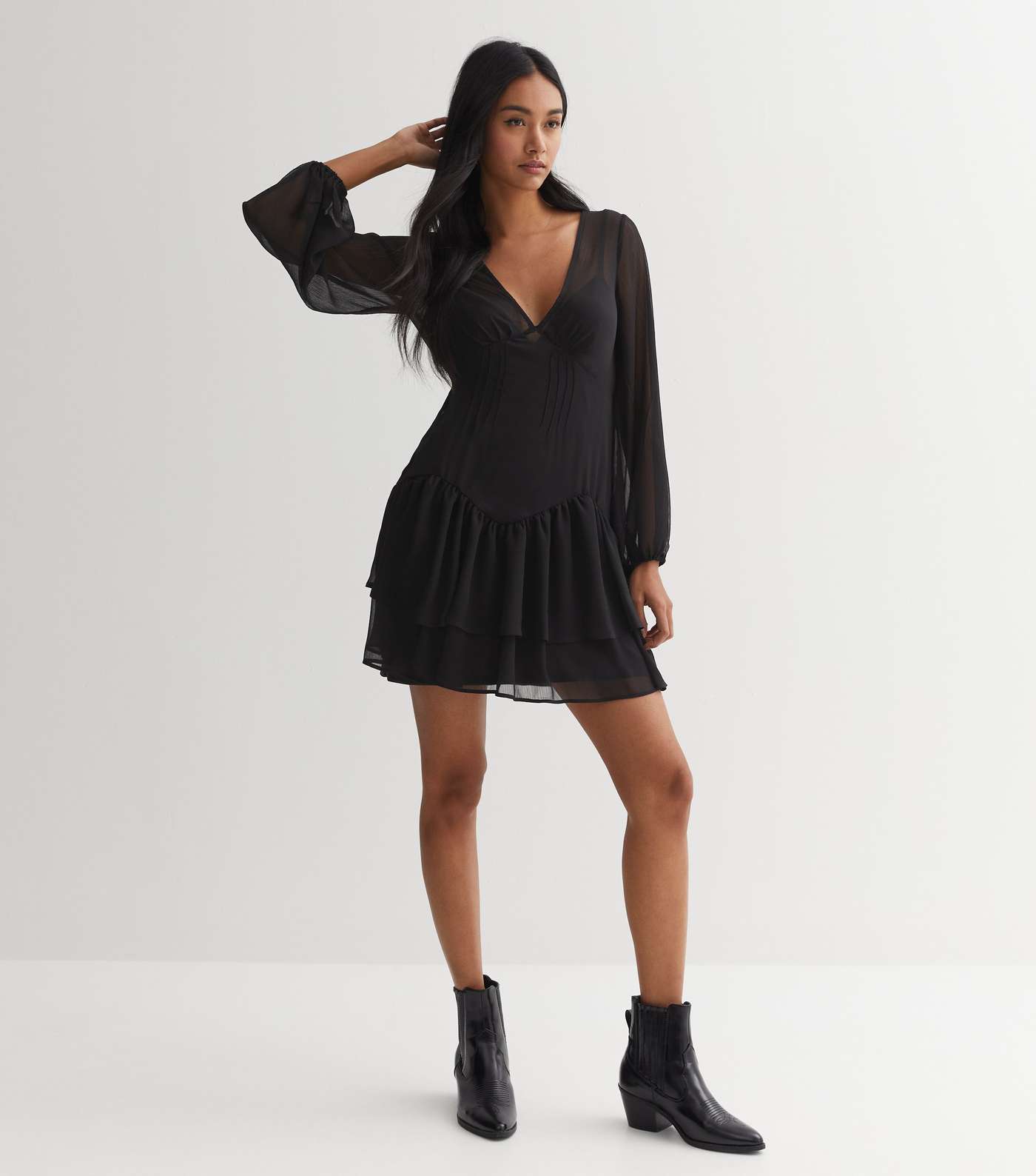 Black Chiffon Long Sleeve Tiered Mini Dress Image 2