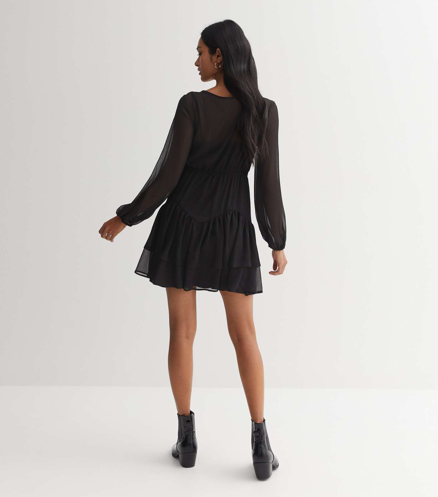 Black Chiffon Long Sleeve Tiered Mini Dress Image 4