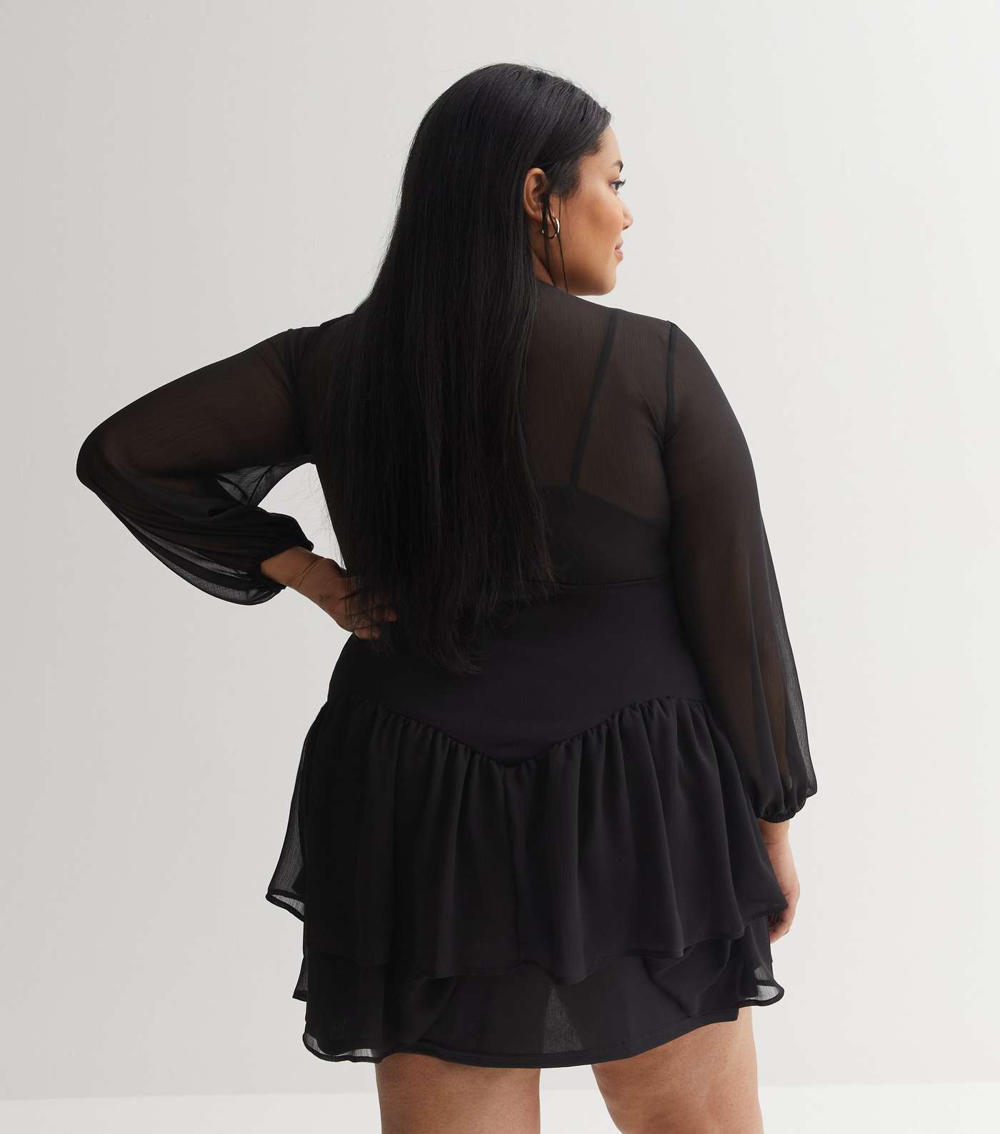 Black Chiffon Long Sleeve Tiered Mini Dress Image 6