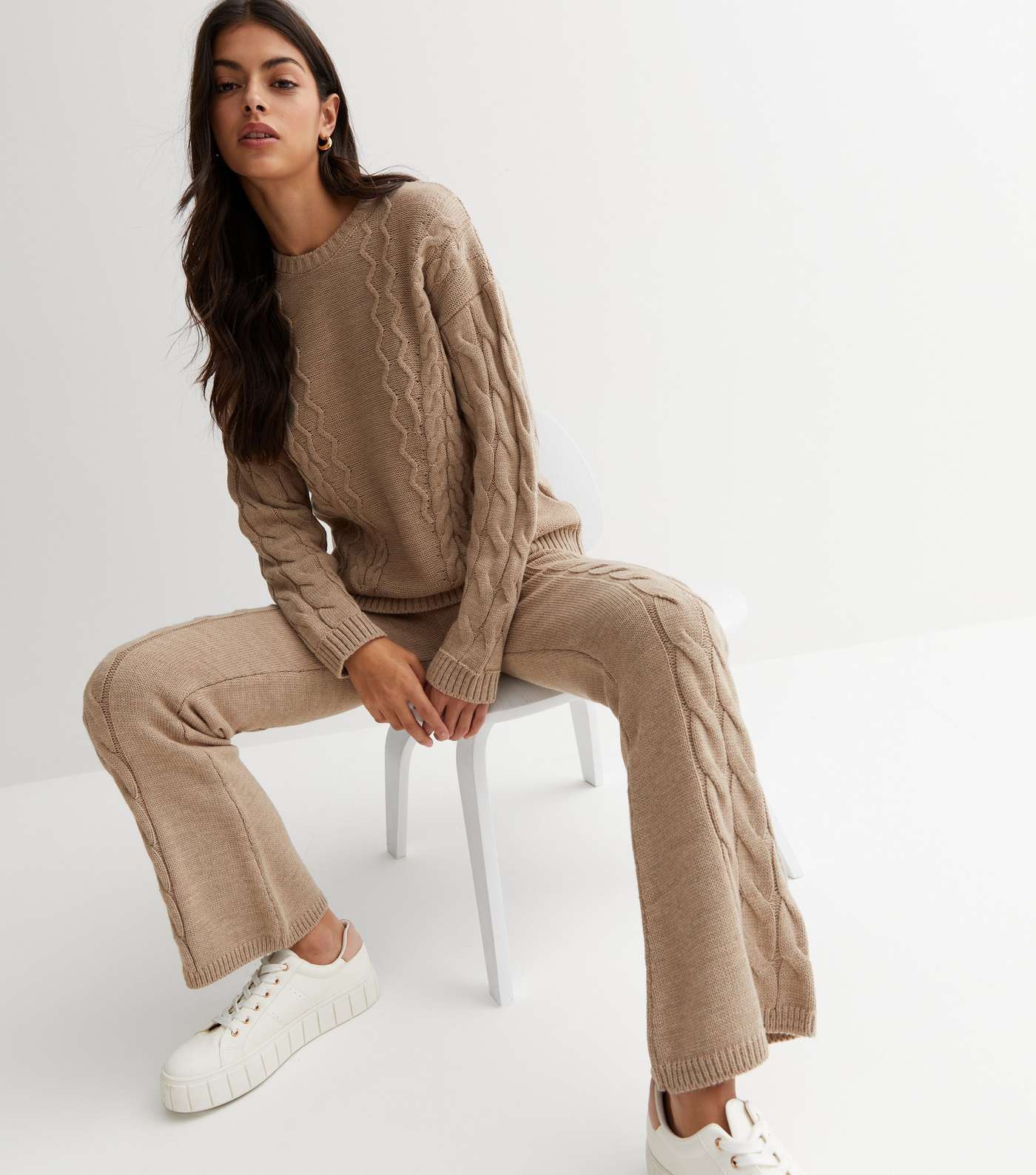 Camel Cable Knit High Waist Trousers Image 3