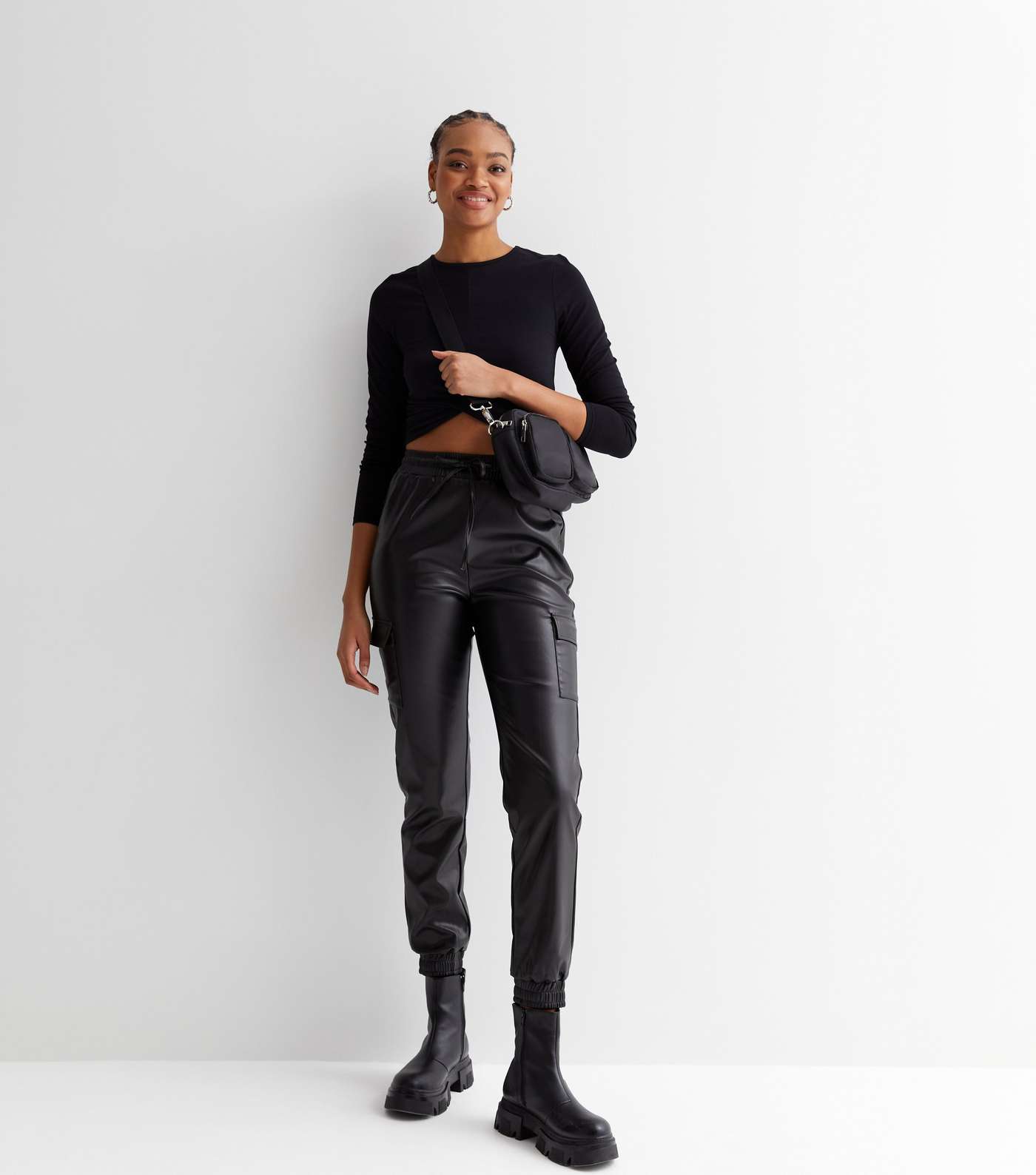 Tall Black Leather-Look Cuffed Cargo Joggers