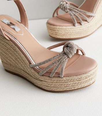 Little Mistress Cream Leather Look Diamante Knot Wedge Heel Sandals New Look