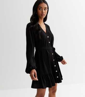 Black Long Sleeve Belted Tiered Mini Smock Dress 