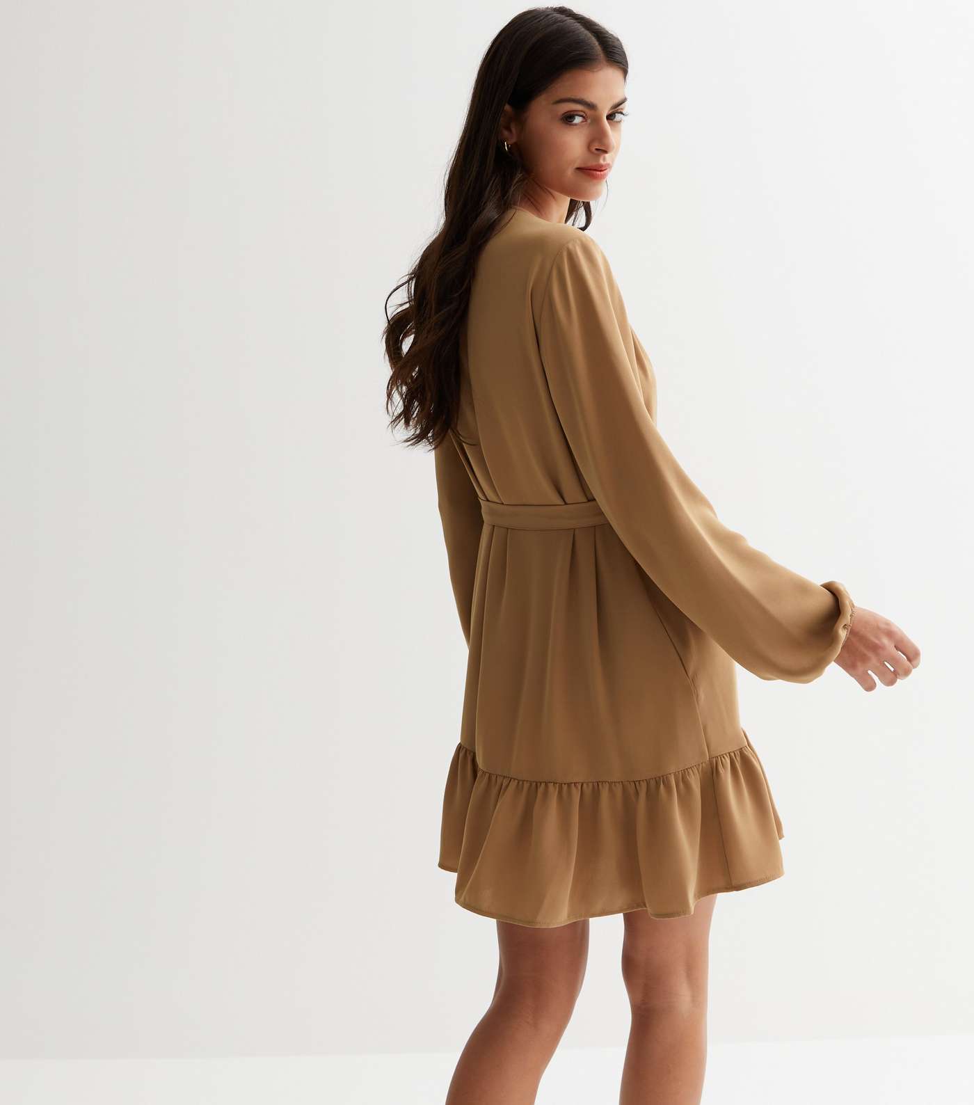 Camel Long Sleeve Belted Tiered Mini Smock Dress Image 4