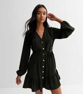 Khaki Long Sleeve Belted Tiered Mini Smock Dress