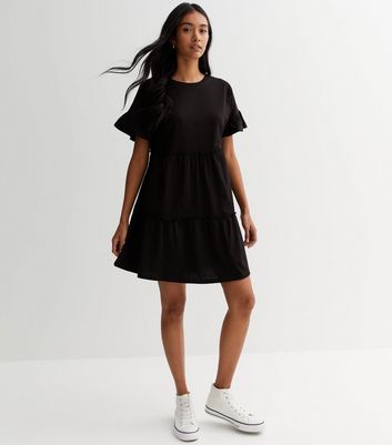 Black Jersey Tiered Mini Smock Dress