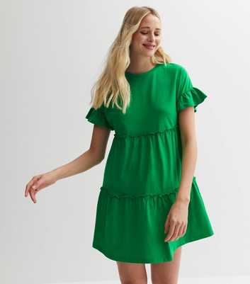 Green Jersey Tiered Mini Smock Dress