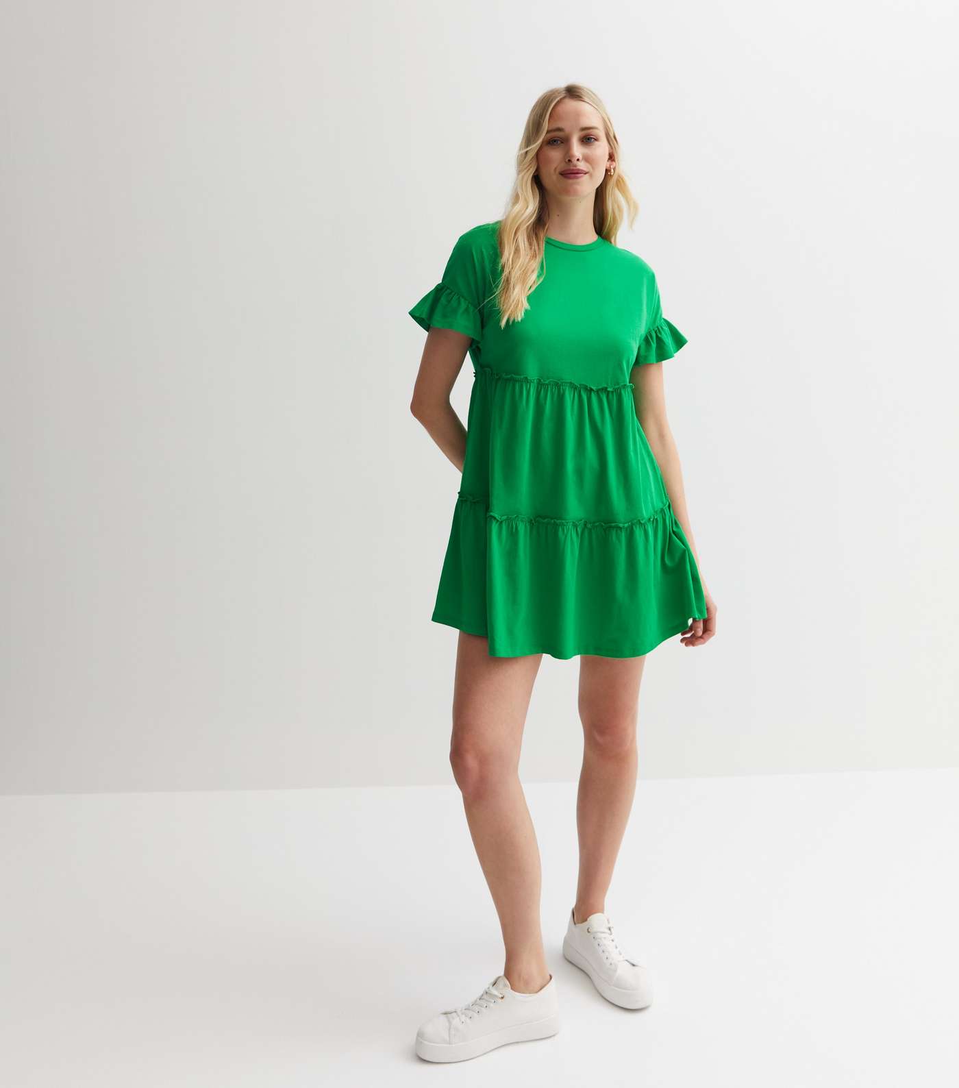 Green Jersey Tiered Mini Smock Dress Image 3
