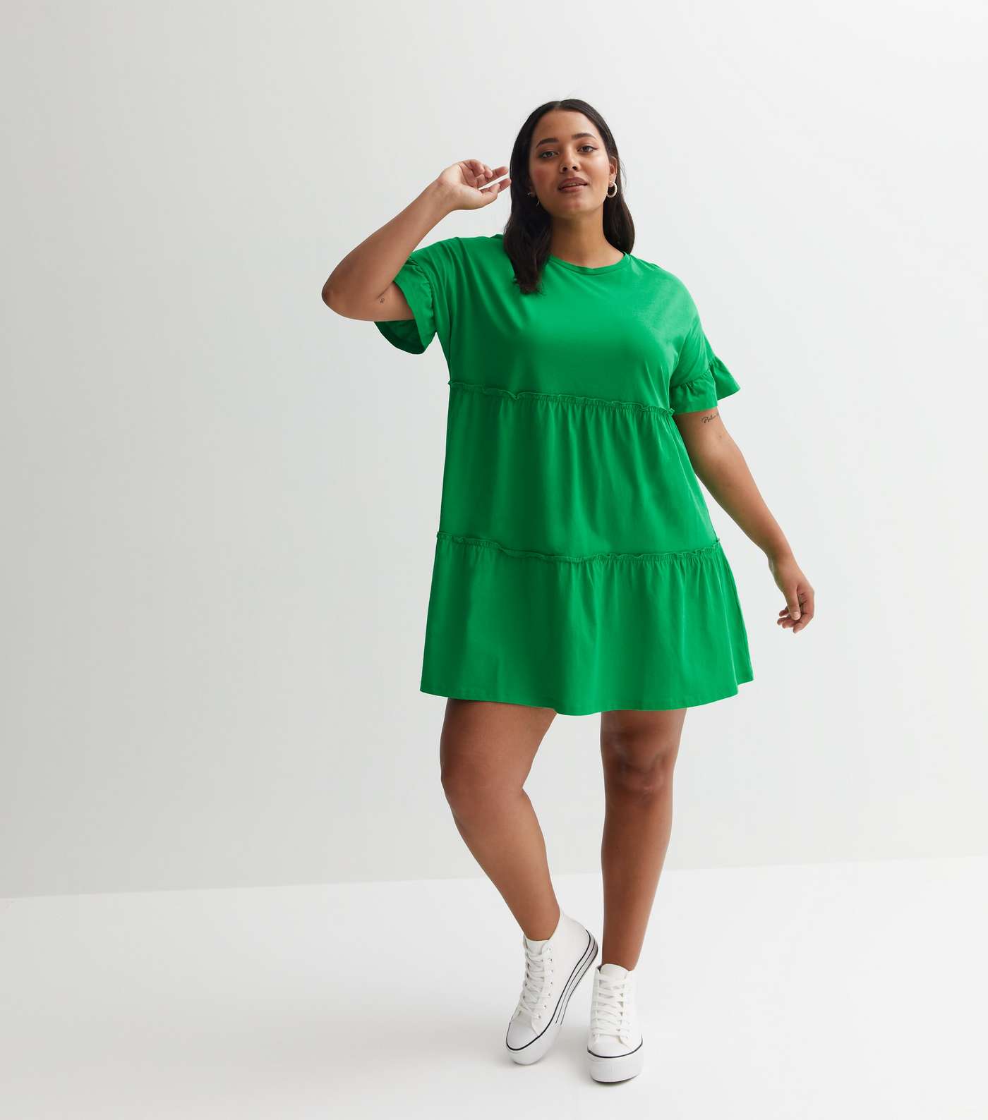 Green Jersey Tiered Mini Smock Dress Image 5
