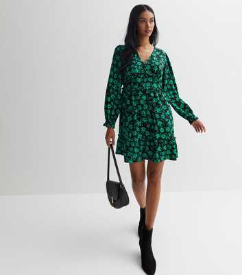 Green Floral Long Sleeve Frill Mini Dress