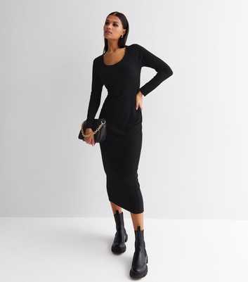 Black Scoop Neck Long Sleeve Bodycon Midi Dress