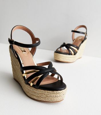 Little Mistress Black Leather-Look Metal Trim Strappy Wedge Heel Sandals