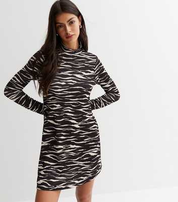 Black Zebra Print Ribbed High Neck Mini Dress