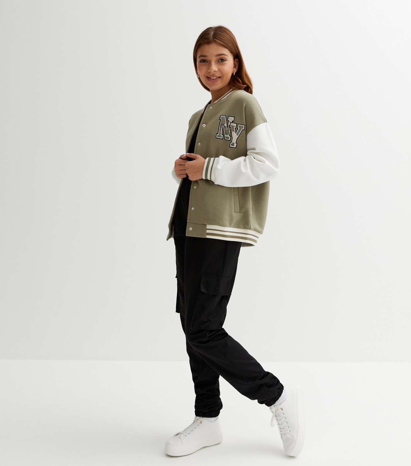 Girls Khaki New York Varsity Bomber Jacket Image 4