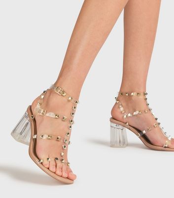 London Rebel Pale Pink Clear Stud Block Heel Sandals New Look