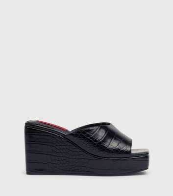 London Rebel Black Faux Croc Chunky Wedge Heel Mules