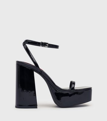 London Rebel Black Patent Platform Heel Sandals