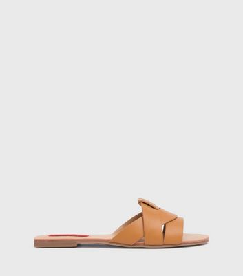 London Rebel Tan Leather-Look Cross Strap Sliders 