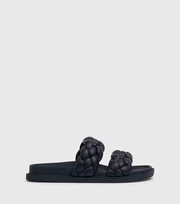London Rebel Black Leather-Look Plaited Chunky Sliders