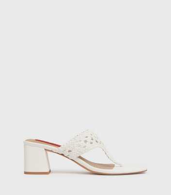 London Rebel White Leather-Look Crochet Block Heel Mule Sandals