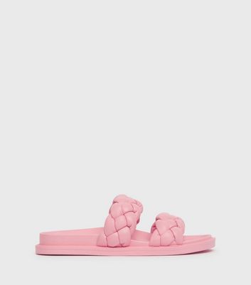 London Rebel Mid Pink Leather-Look Plaited Chunky Sliders