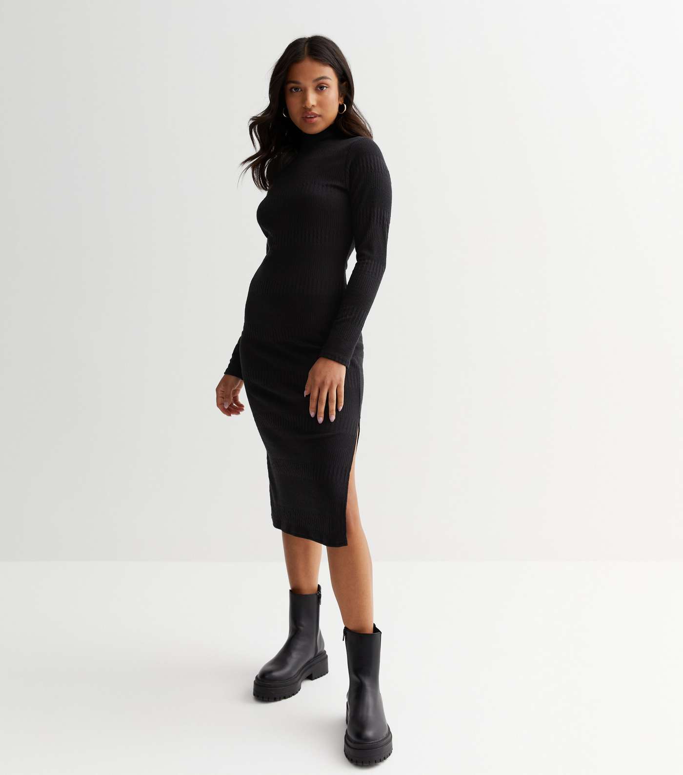 Petite Black Textured High Neck Long Sleeve Side Slit Midi Dress Image 2