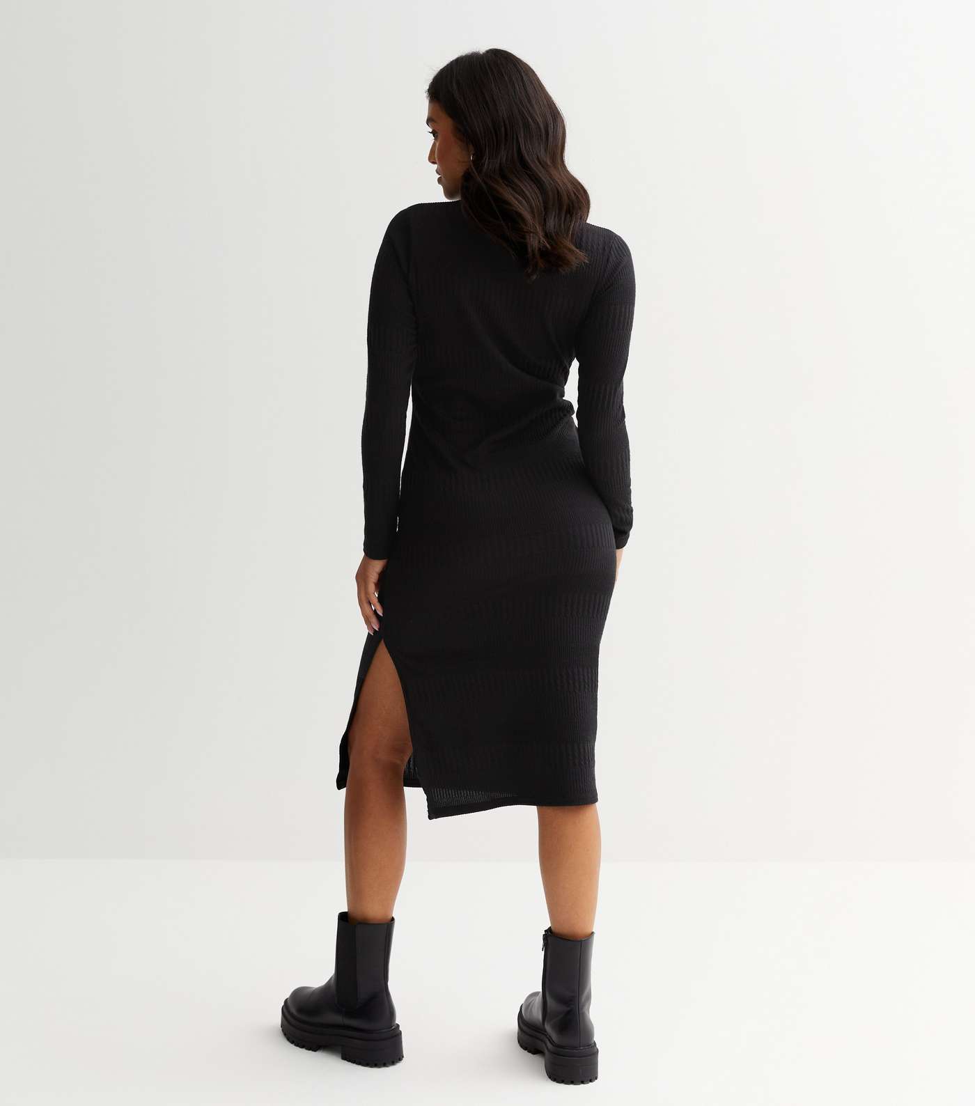 Petite Black Textured High Neck Long Sleeve Side Slit Midi Dress Image 4